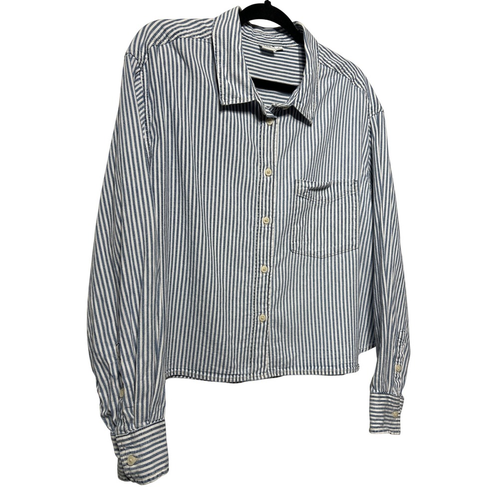 GAP Loose Cropped Button Down Washed Blue‎ White Stripe Women's Size XL